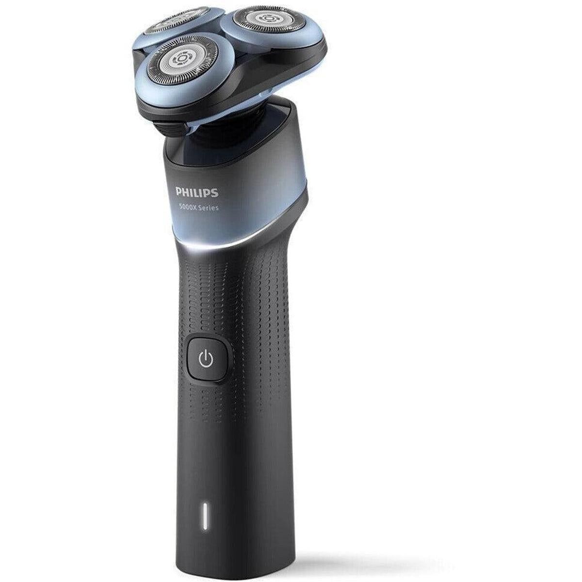 Philips 5000X Series electric shaver in blue and black with a 360-degree flexible head and textured ergonomic grip.