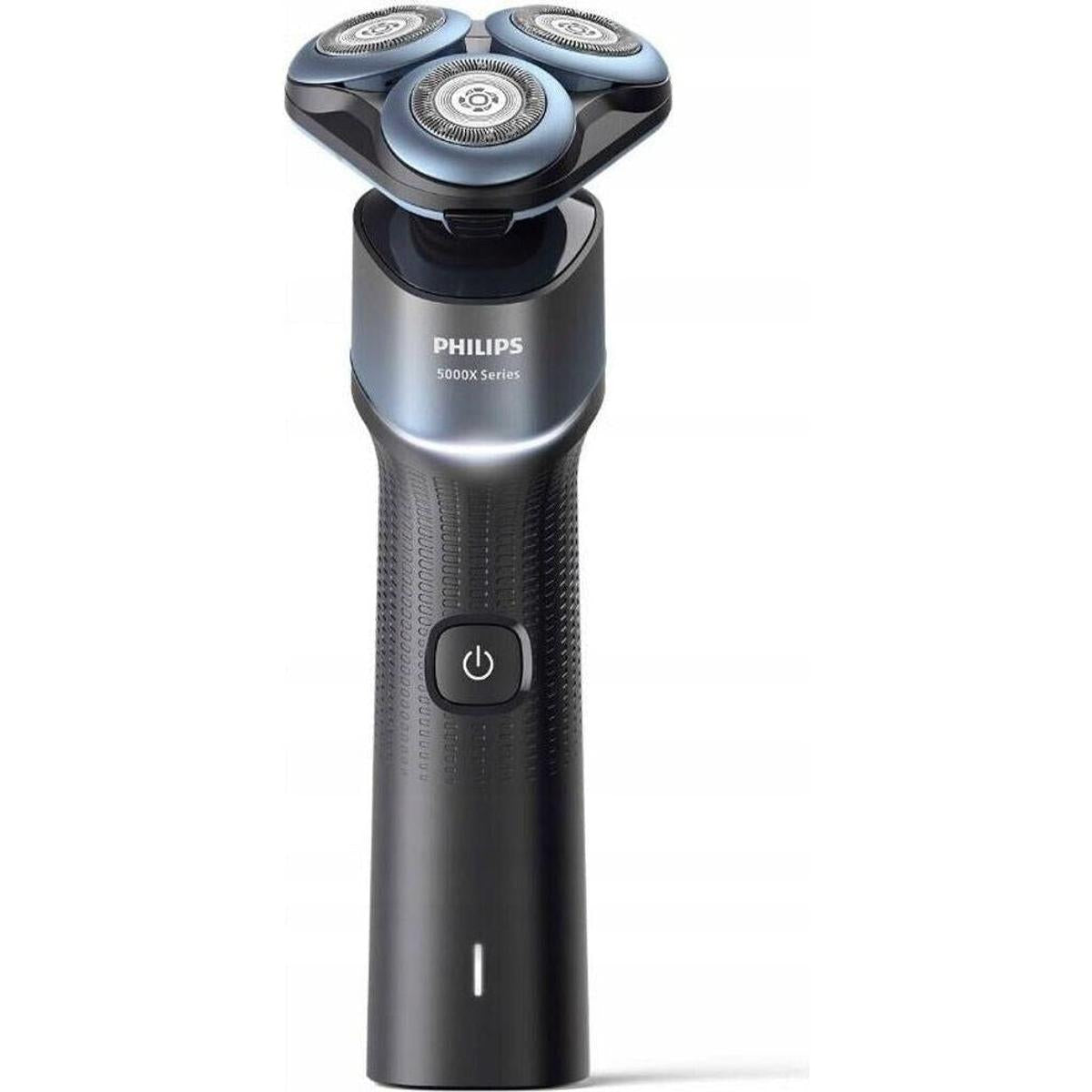 Philips 5000X Series blue electric shaver with 360-degree flexing heads, textured grip, and power button on a black handle.