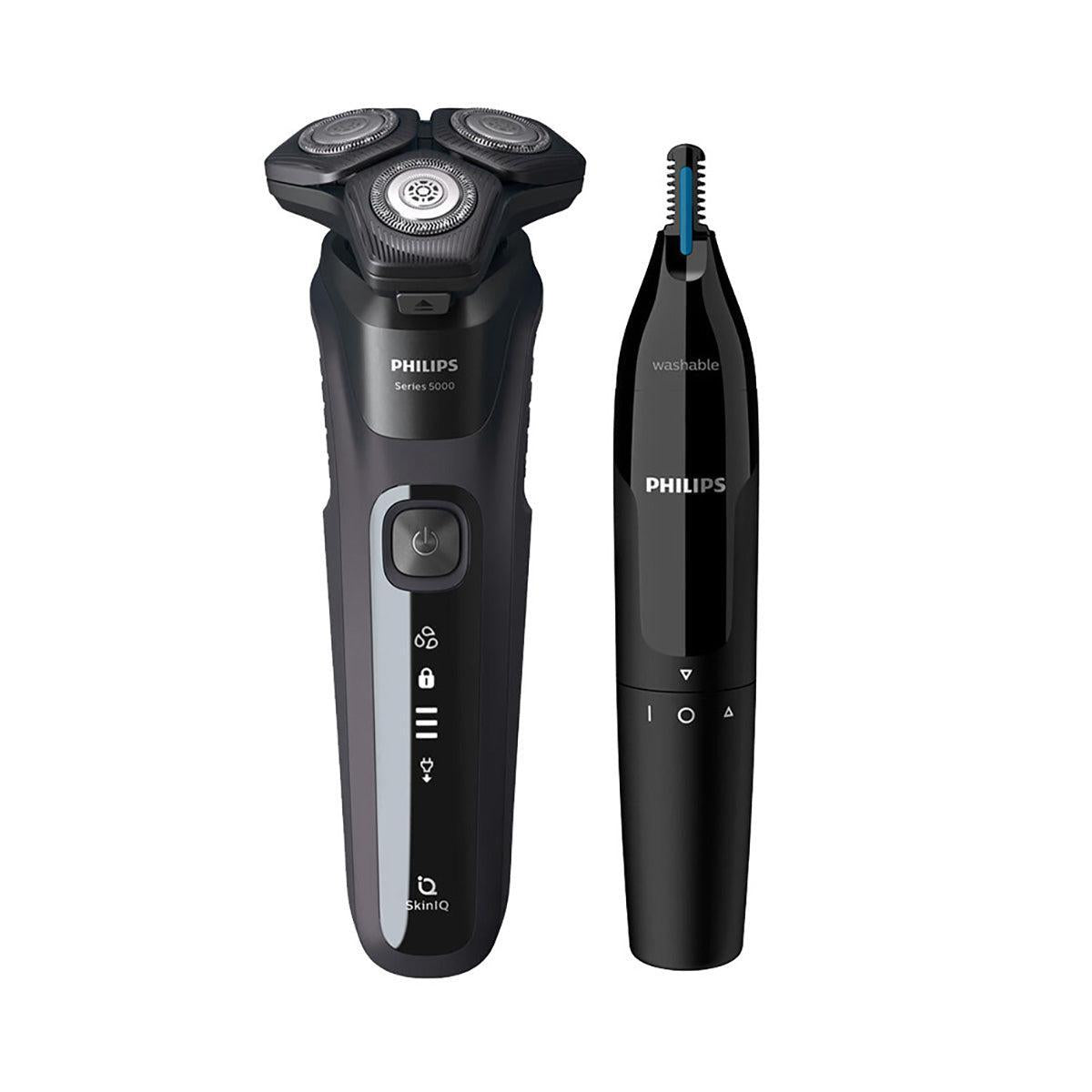 Black Philips Series 5000 electric shaver with triple-head design and matching nose trimmer on a white background.