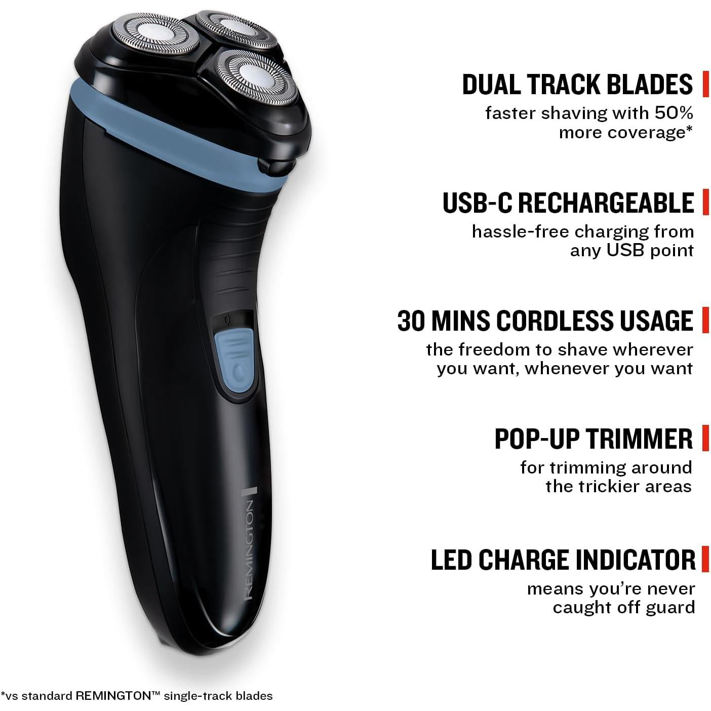 Remington Mens Electric Rotary Shaver R1 (Dry Shave, 30mins runtime, Pop-Up Trimmer, Cordless Usage, USB , Worldwide Voltage, R1000