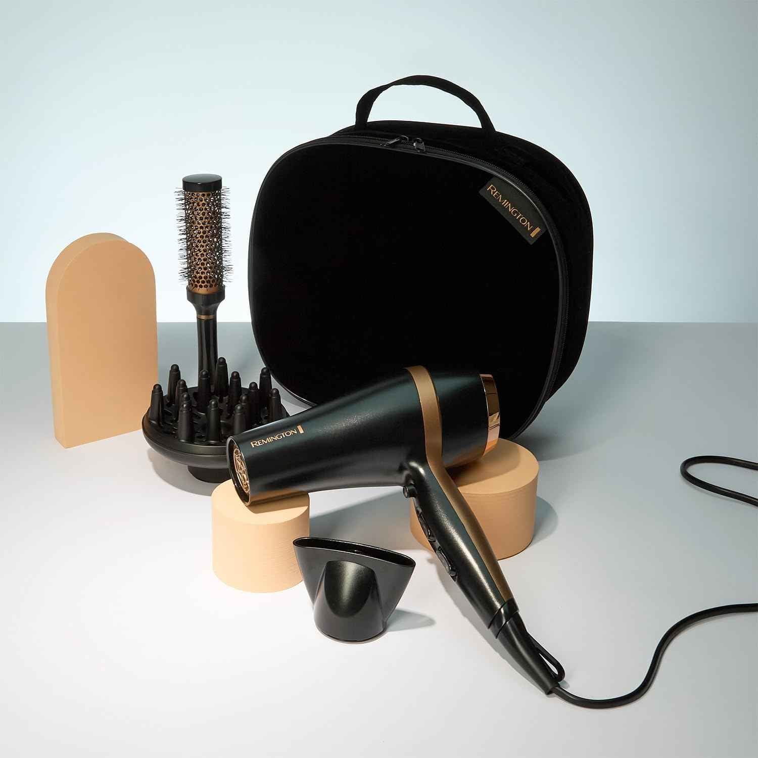 Remington Hair Dryer (Gift Set with Concentrator & Diffuser, Ceramic Ionic Grille, 3 Heat & 2 Speed Settings and Cool Shot, Premium Storage Bag, Round Brush, 2000W) Salon Smooth D6960GP