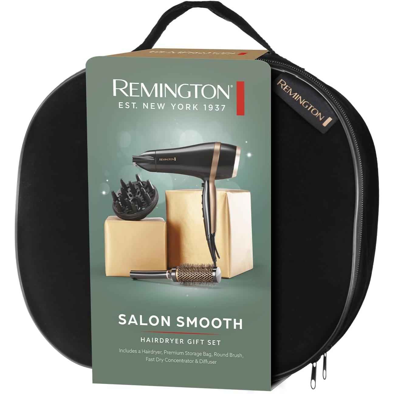 Remington Hair Dryer (Gift Set with Concentrator & Diffuser, Ceramic Ionic Grille, 3 Heat & 2 Speed Settings and Cool Shot, Premium Storage Bag, Round Brush, 2000W) Salon Smooth D6960GP