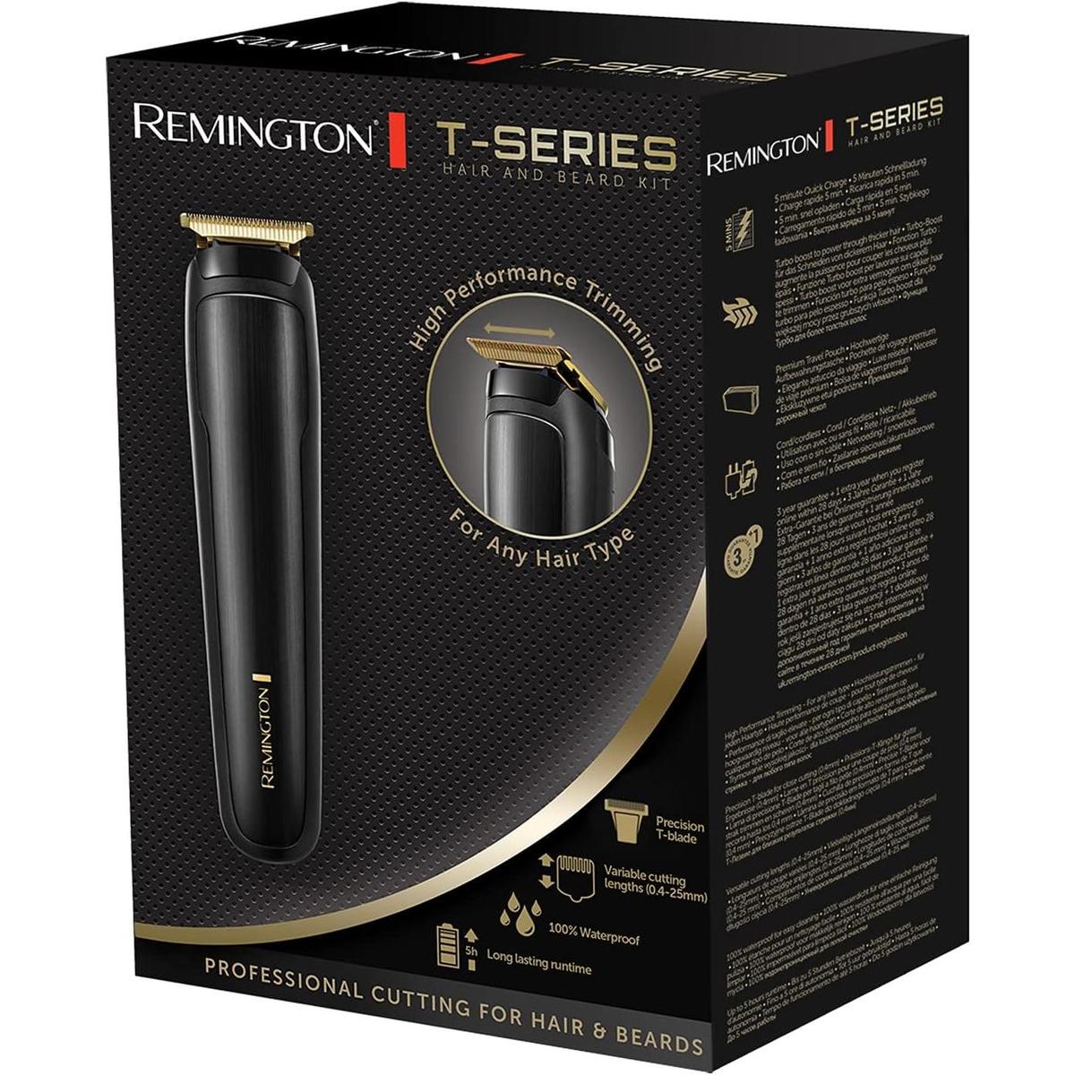 Remington T-Series black cordless beard trimmer with a 38mm T-blade on display in its product packaging box.