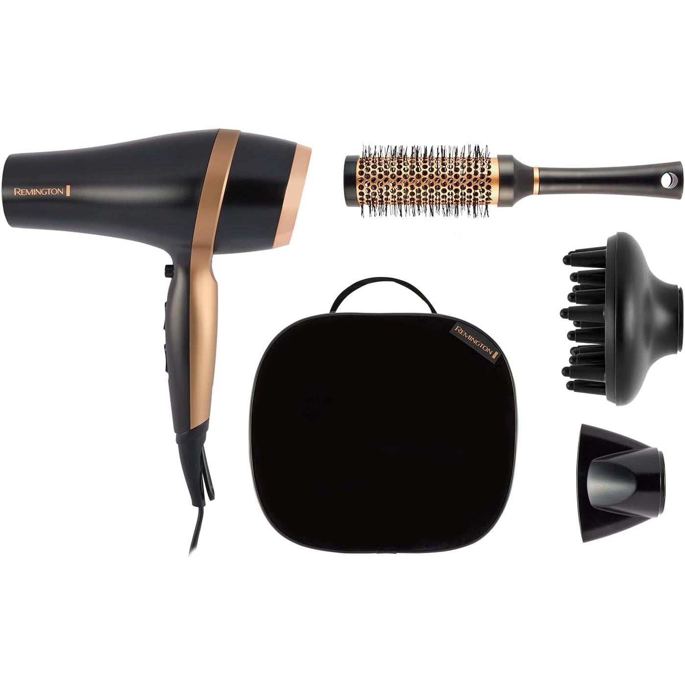 Remington Hair Dryer (Gift Set with Concentrator & Diffuser, Ceramic Ionic Grille, 3 Heat & 2 Speed Settings and Cool Shot, Premium Storage Bag, Round Brush, 2000W) Salon Smooth D6960GP