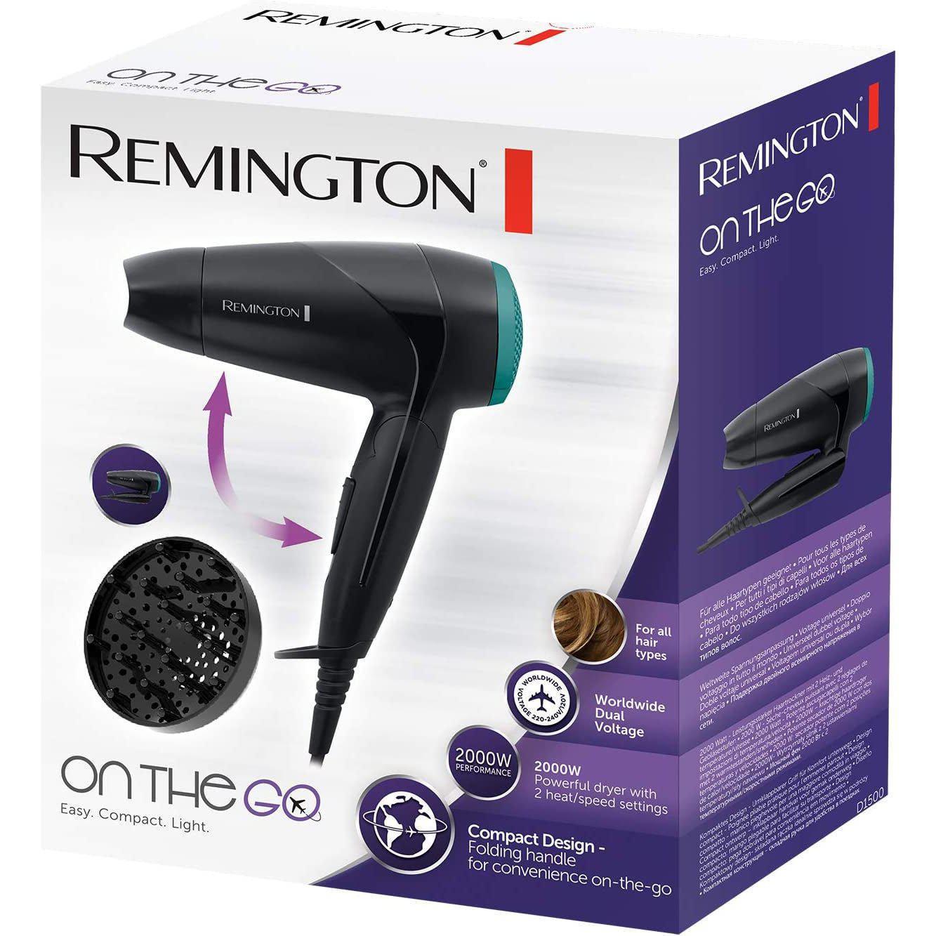 Remington Folding Travel Hairdryer with Mini Concentrator and Diffuser, Worldwide Voltage - D1500, Black