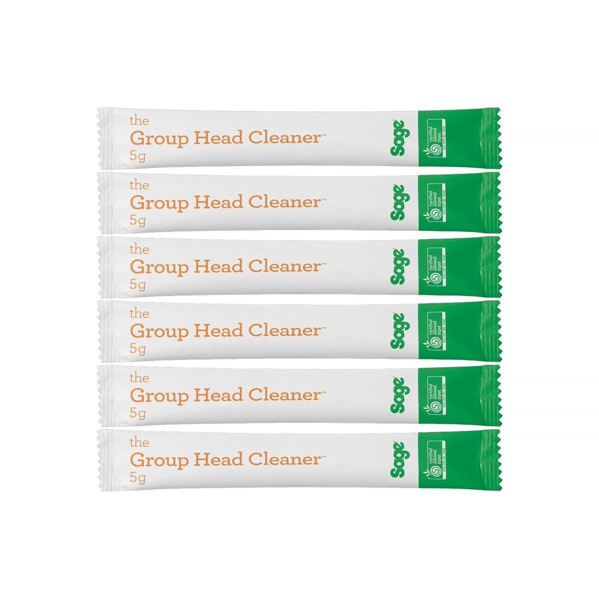 Six white and green Sage espresso group head cleaner sachets, each containing 5g of cleaning powder.
