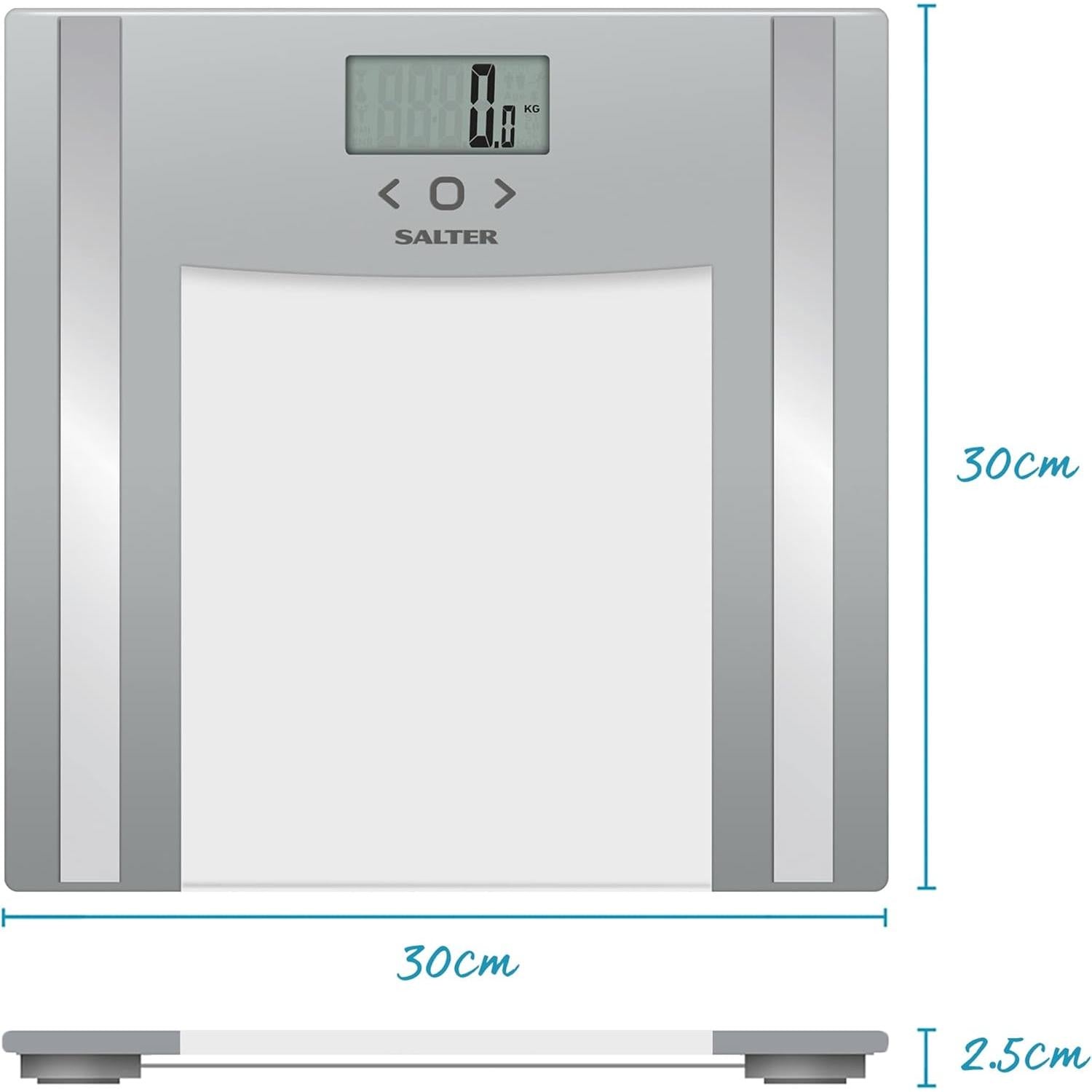 Salter 9182 SV3R Glass Analyser Bathroom Scale, 150 kg Max Capacity, Measures Body Fat/Water, Muscle/Bone Mass, BMI, 8 User Memory, Athlete Mode, Easy to Read Display, Silver