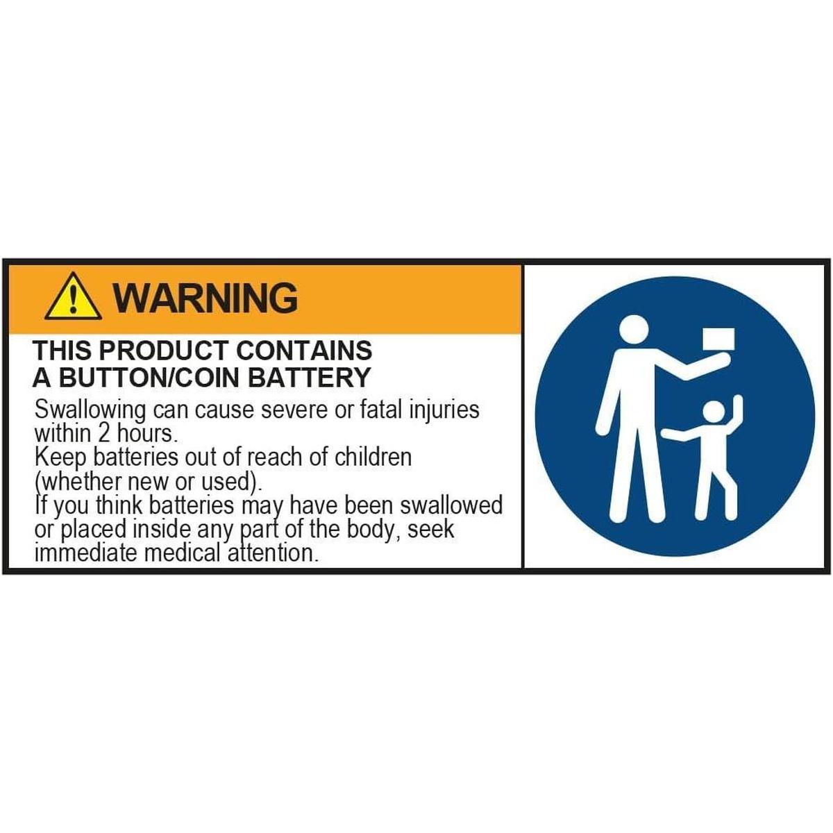 Warning label for button battery safety with text and a keep out of reach of children icon.