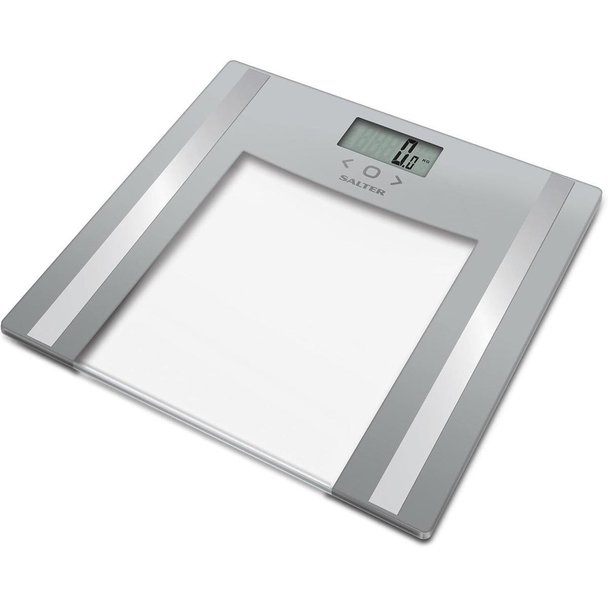 Silver Salter glass bathroom scale with a digital display, touch buttons, and a sleek, modern toughened glass platform.