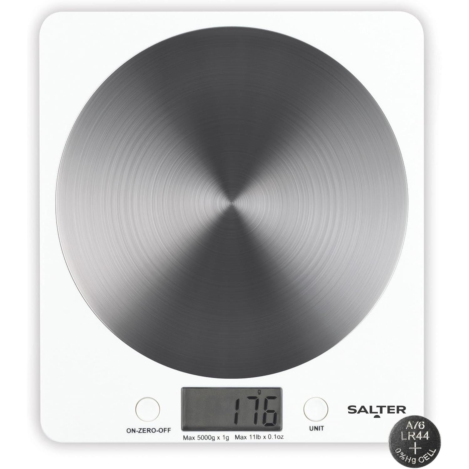 Salter White Disc Digital Kitchen Scale – Electronic Food Scale, Add & Weigh Multiple Ingredients, 5kg Capacity