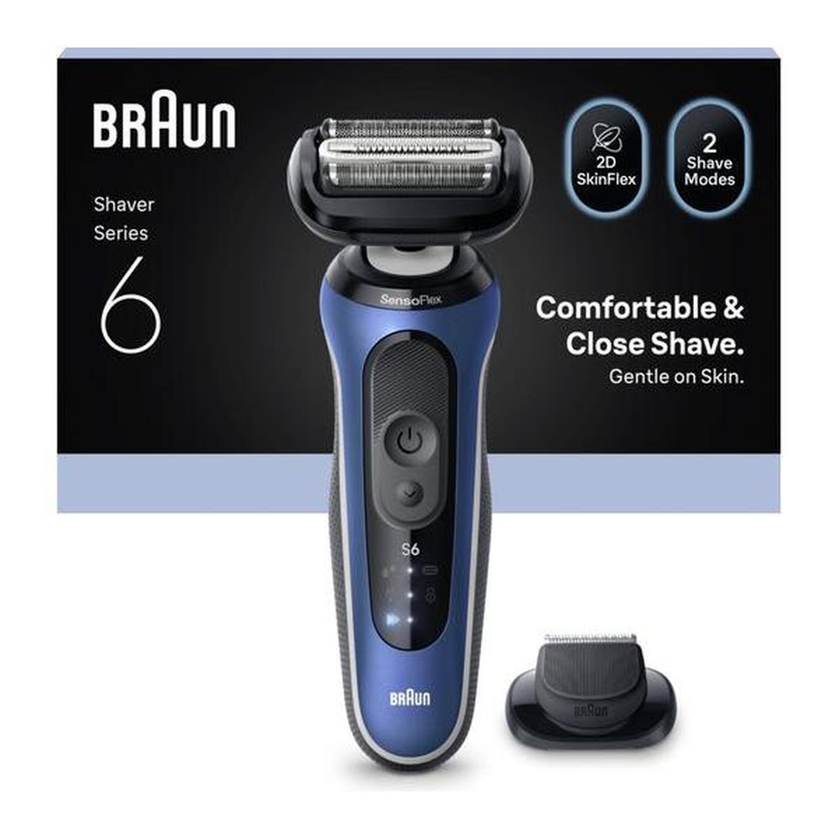 Blue Braun Series 6 electric shaver with SensoFlex head and precision trimmer attachment against a product box background.