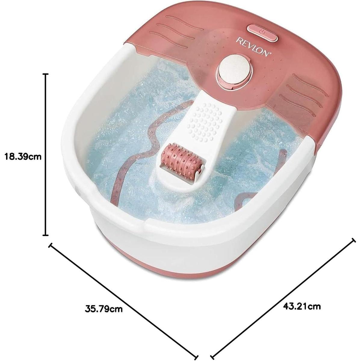 Revlon Pediprep foot spa in white and rose gold with a central massage roller, bubbling water, and labeled dimensions.