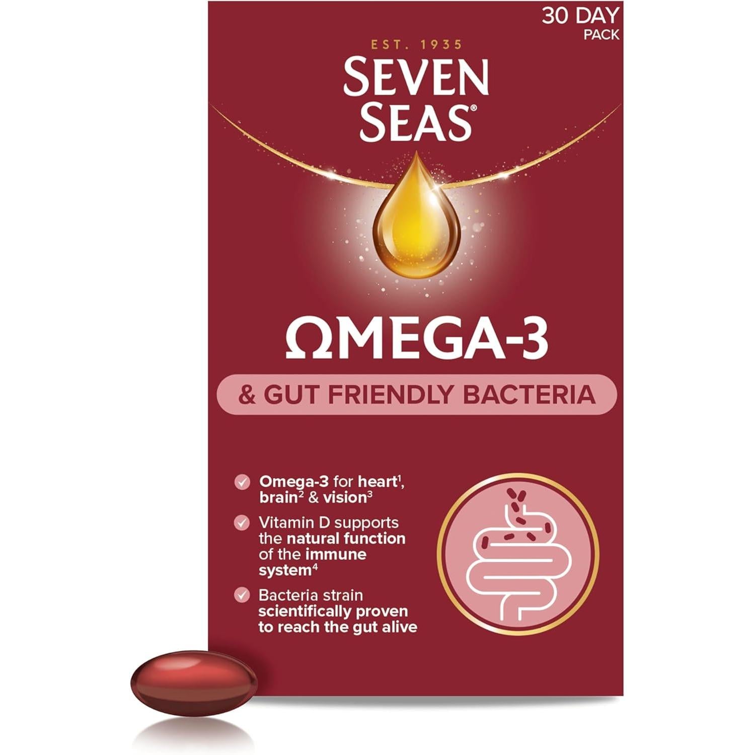 Seven Seas Omega-3 & Gut Friendly Bacteria: with Vitamin D, Omega-3 and Bacillus Subtilis, Food Supplements, 30-Day Pack