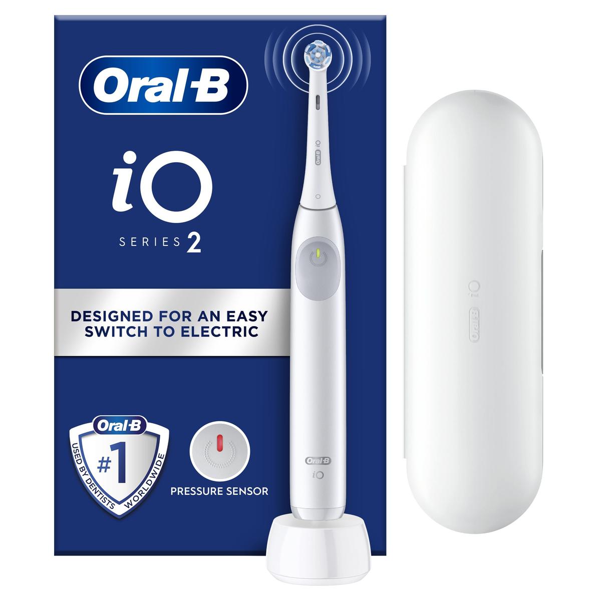 Oral-B iO2 White Electric Toothbrush, 1 Toothbrush Head, 1 Travel Case, 1 Travel Refill Holder, Designed by Braun - Healthxpress.ie