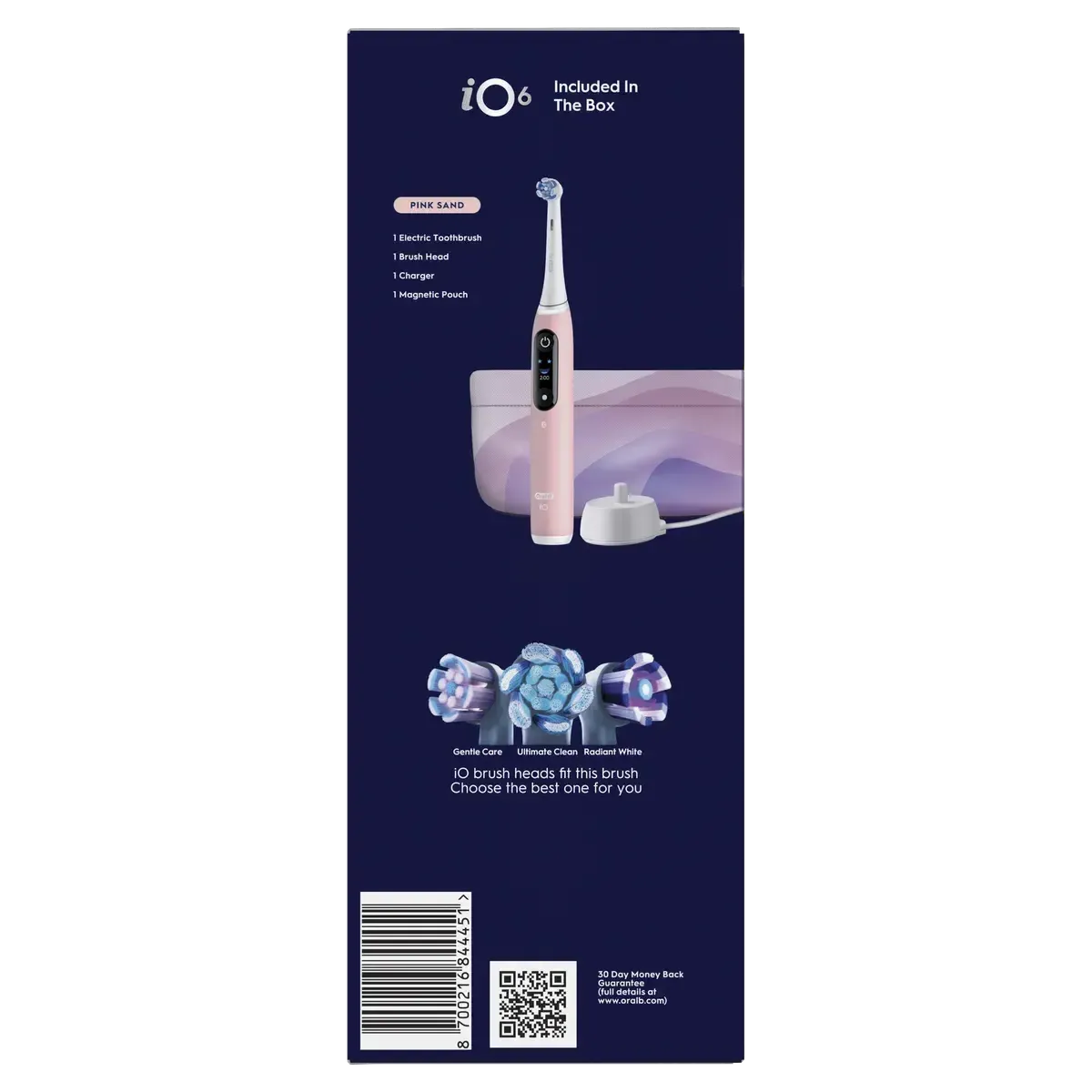 Pink Sand Oral-B iO6 electric toothbrush with travel case, charger, and three interchangeable brush heads on display.