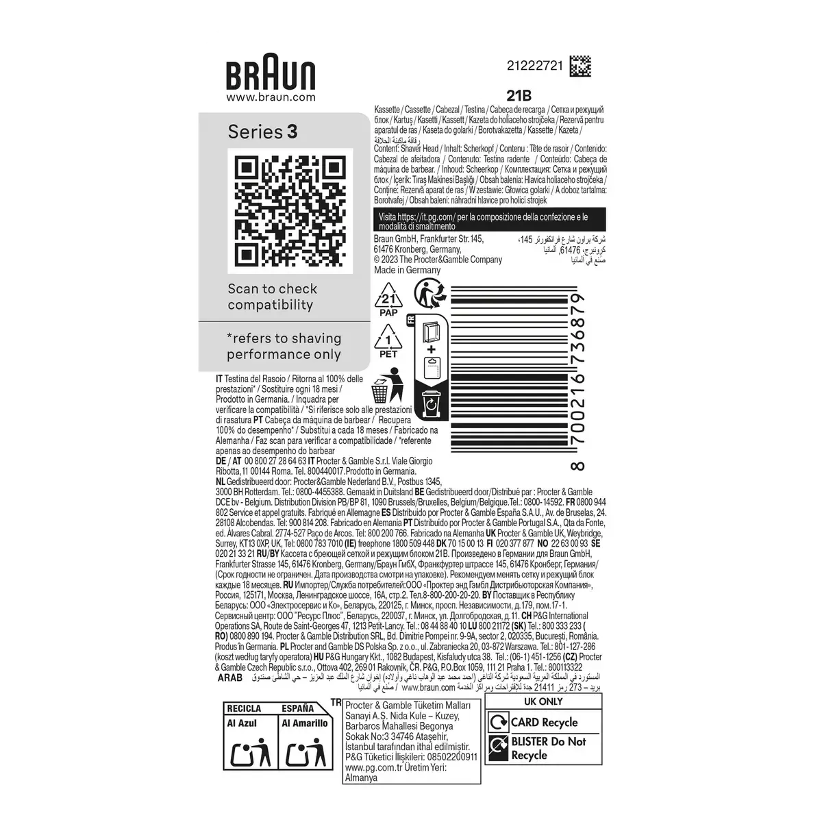 Braun 21B Replacement Foil & Cutter Cassette- Compatible with Series 3 Shavers - Made In Germany - Healthxpress.ie