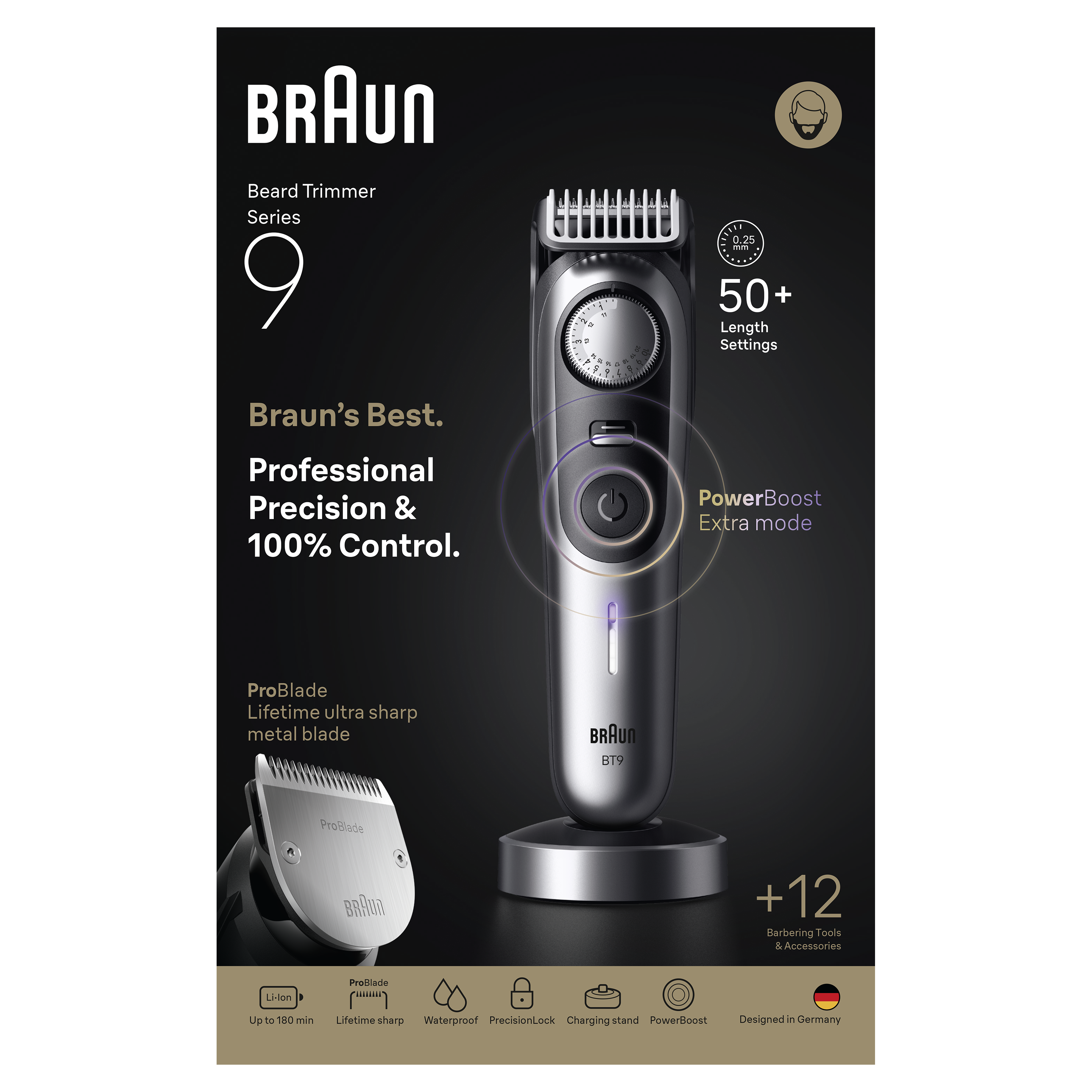 Braun Beard Trimmer Series 9, +12 Barbering Tools, 52 Lengths, ProBlade, BT9560, Chrome
