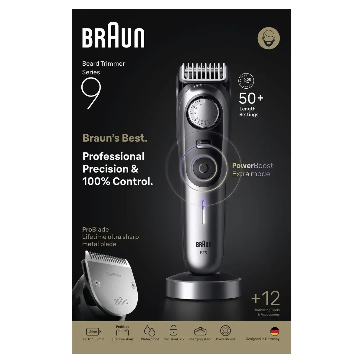 Braun Beard Trimmer Series 9, +12 Barbering Tools, 52 Lengths, ProBlade, BT9560, Chrome - Healthxpress.ie
