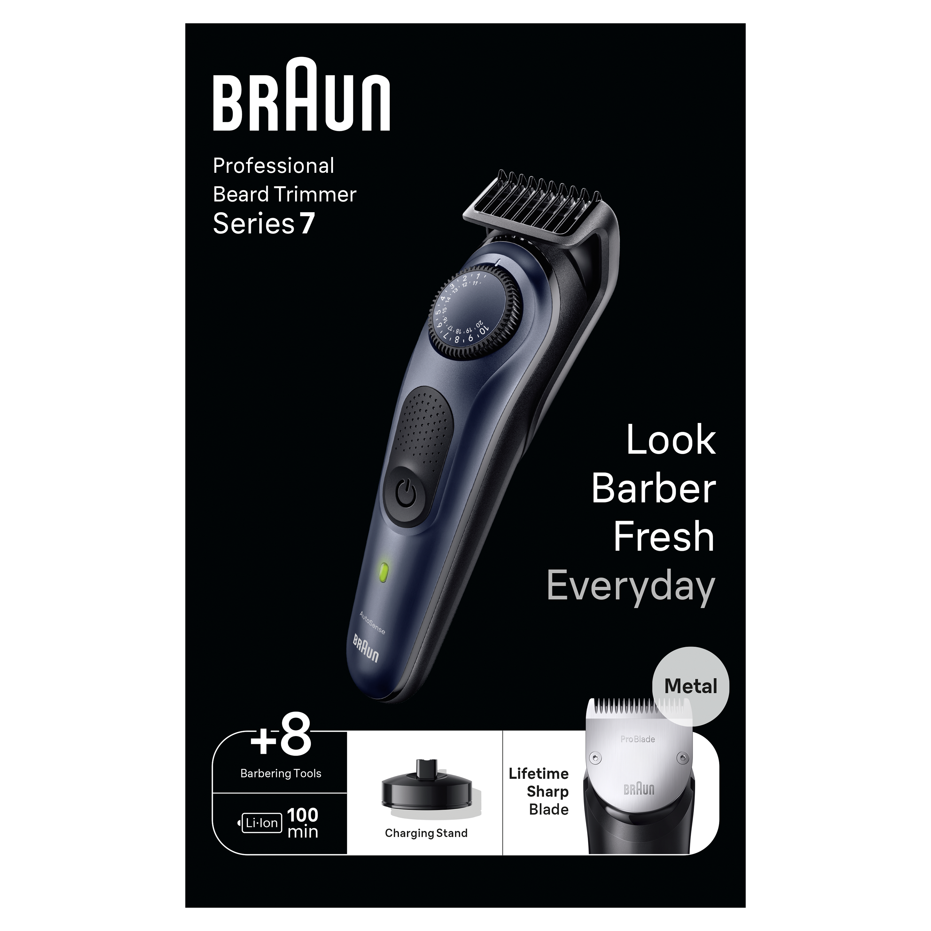 Braun Pro Beard Trimmer 7 BT7421 With ProBlade, Precision Wheel, 8 barbering tools, 100min runtime, blue