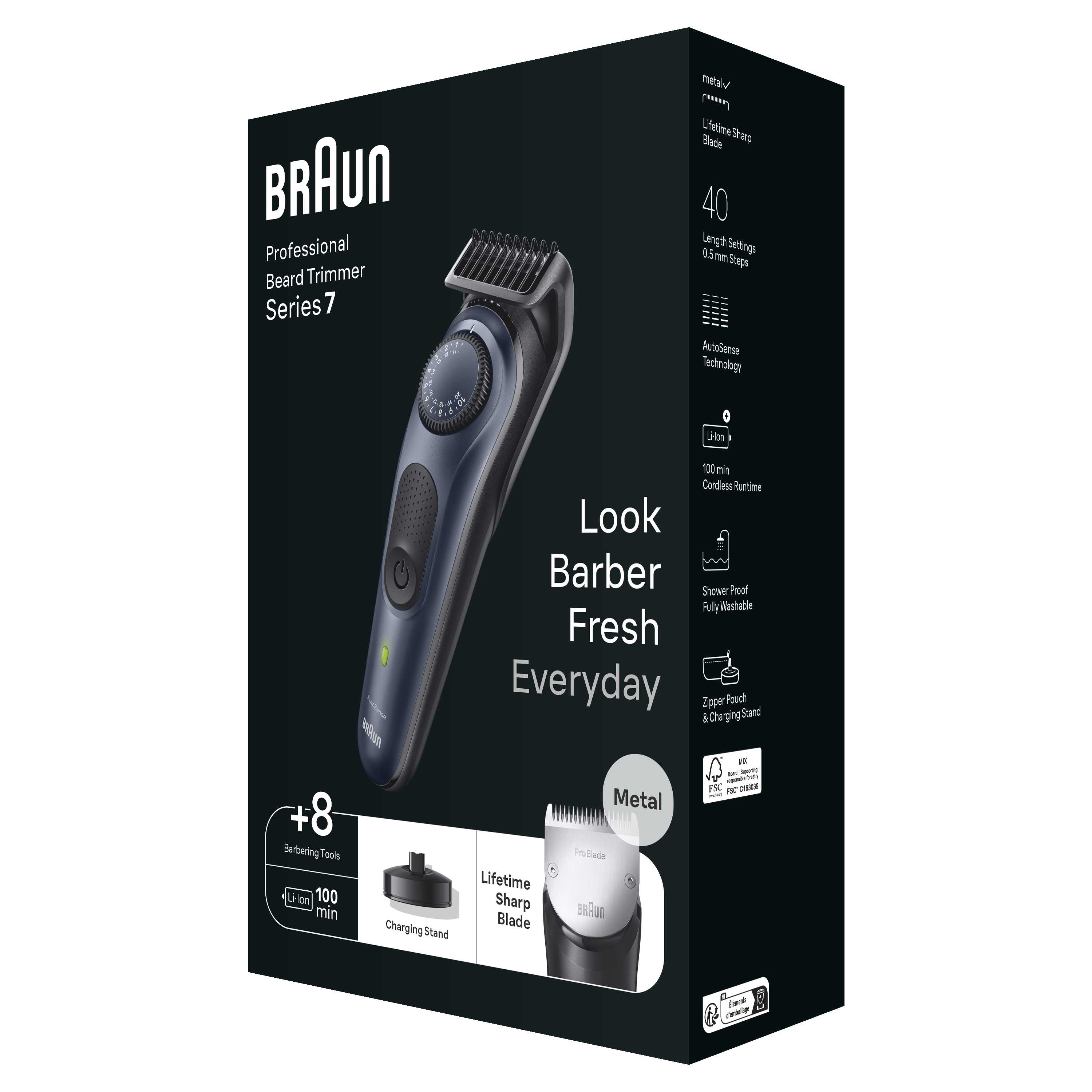 Braun Pro Beard Trimmer 7 BT7421 With ProBlade, Precision Wheel, 8 barbering tools, 100min runtime, blue