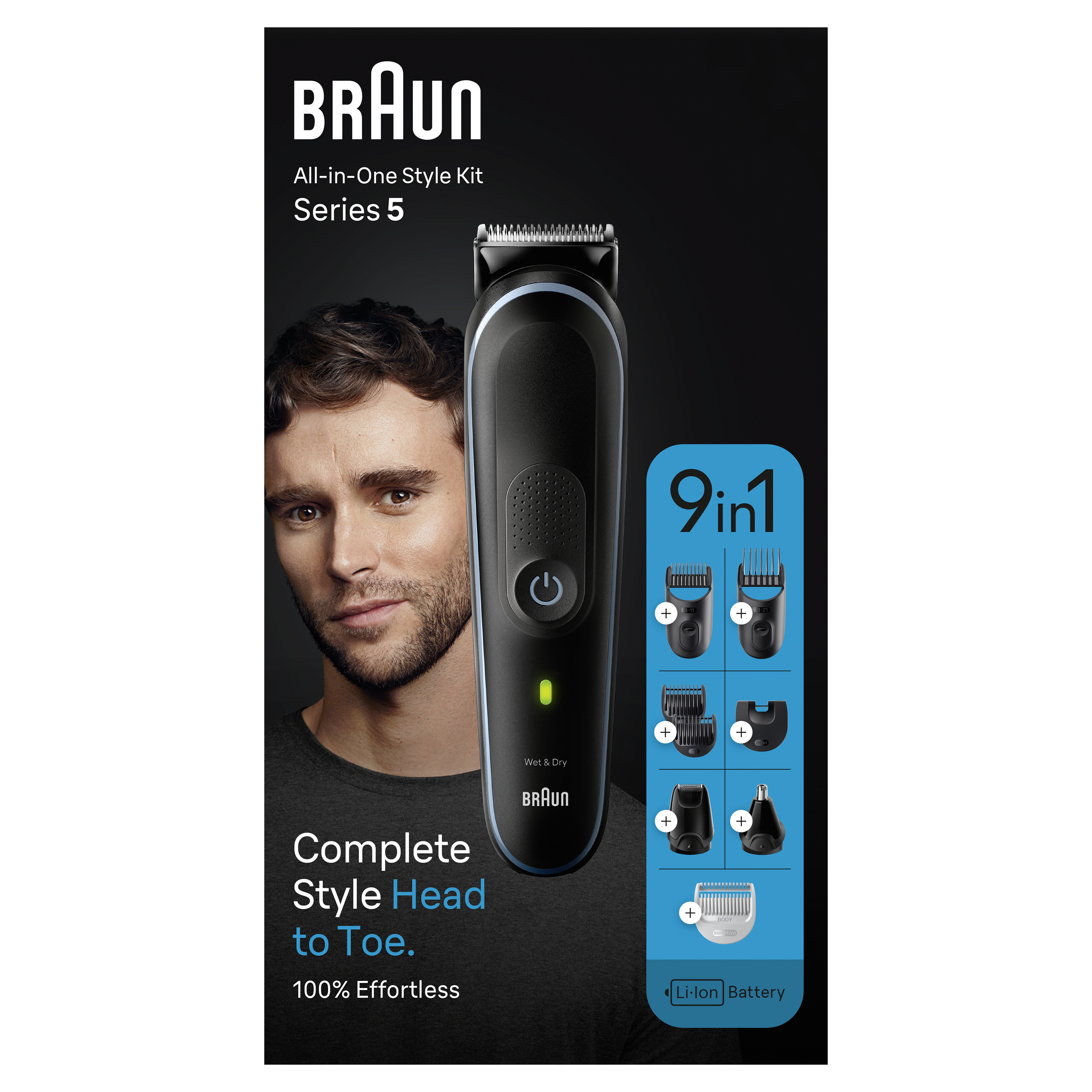 Braun 9-in-1 Style Kit Series 5 MGK5411 Beard, Body, Ear & Nose. With 100-min Runtime + Pouch, Blue