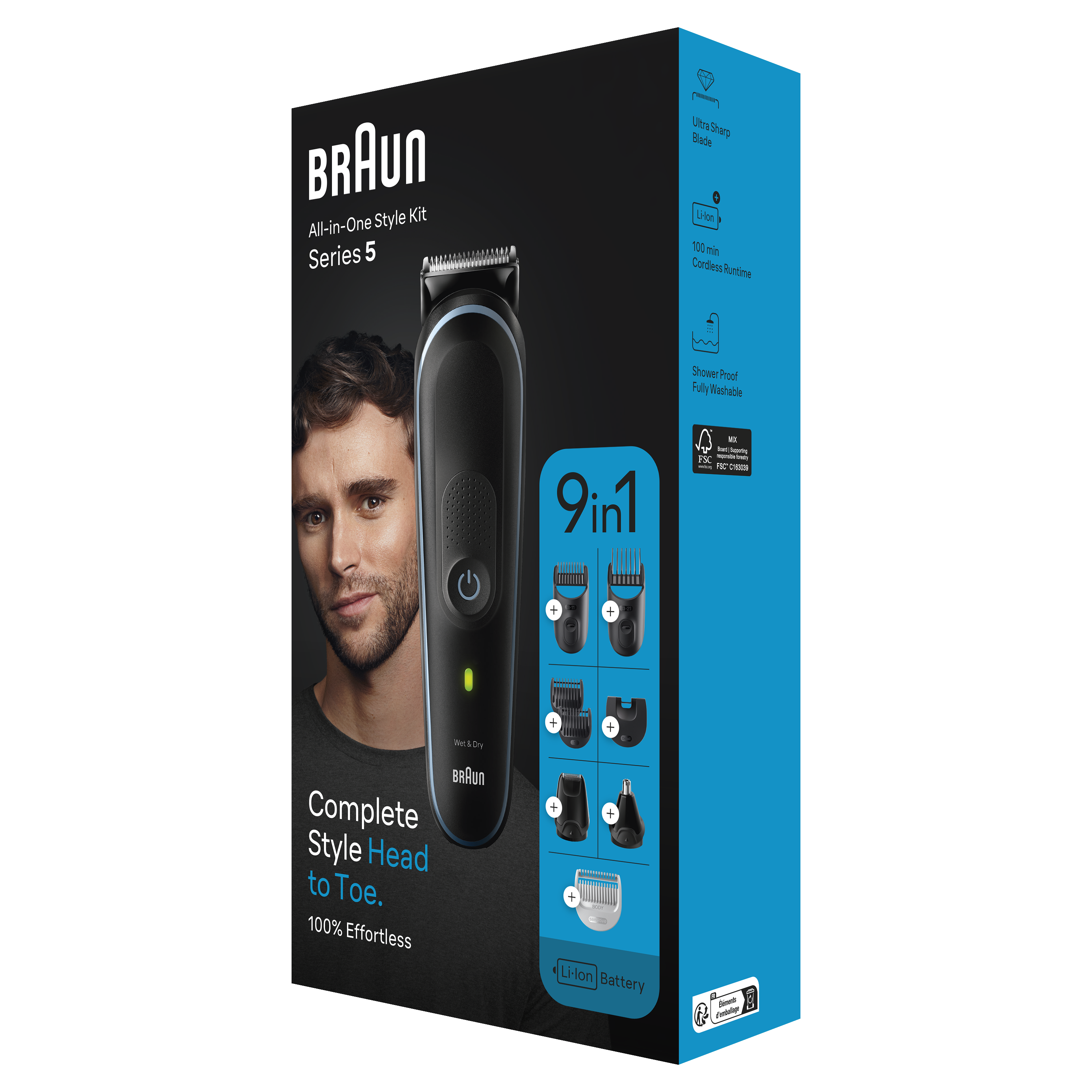 Braun 9-in-1 Style Kit Series 5 MGK5411 Beard, Body, Ear & Nose. With 100-min Runtime + Pouch, Blue