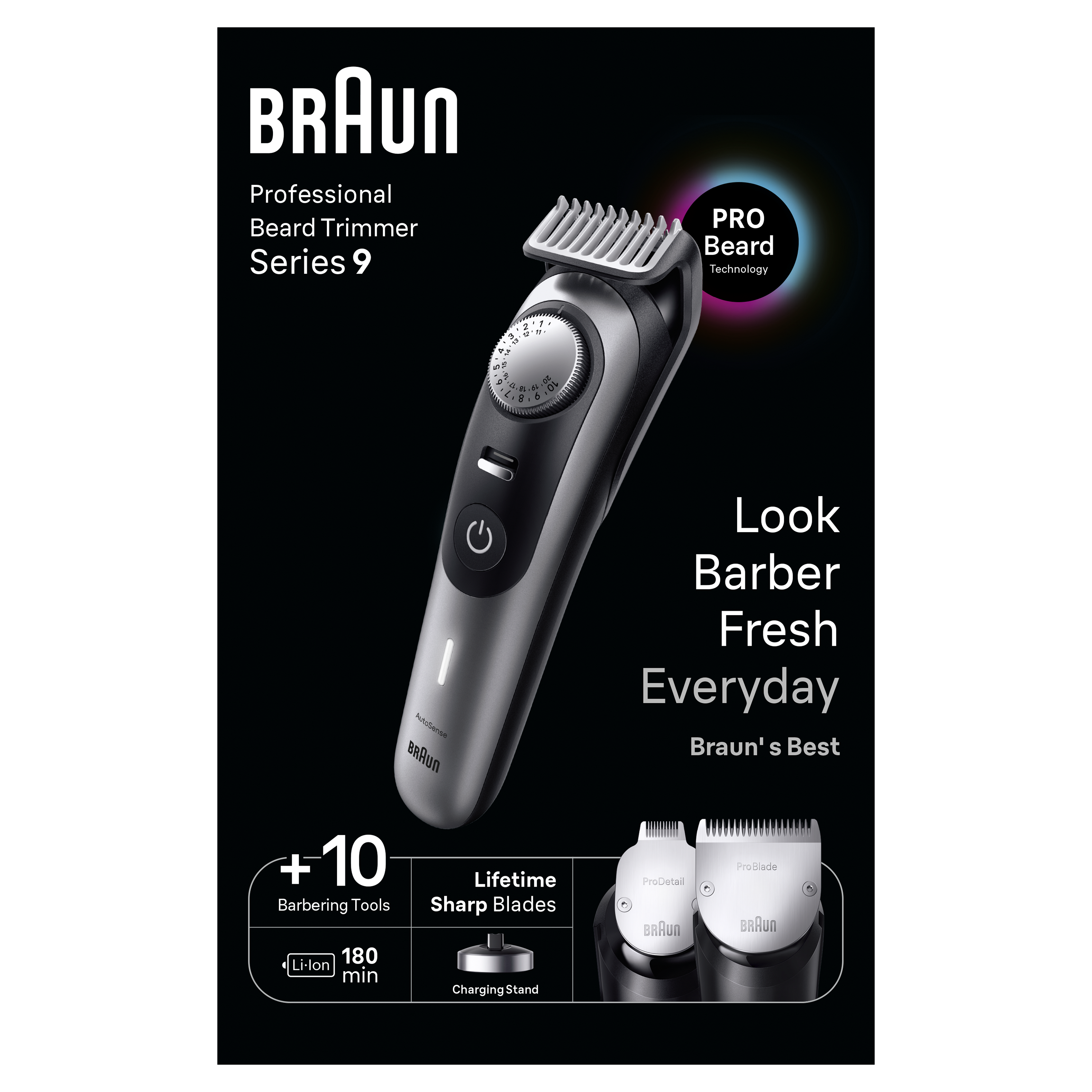 Braun Pro Beard Trimmer 9 BT9420 With ProBlade, ProWheel, Lock, 10 barbering tools, 180min runtime, grey