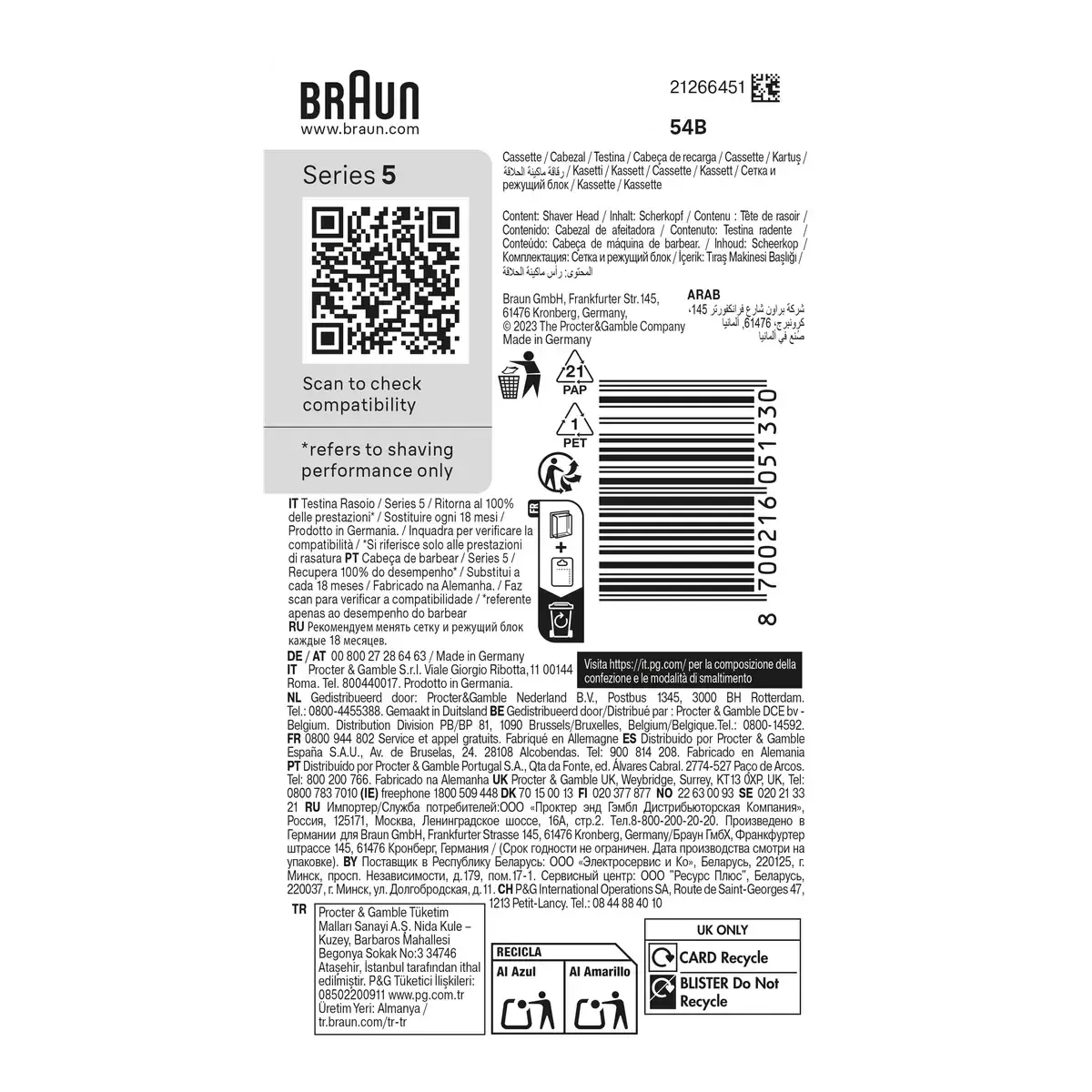 Black and white product packaging for Braun 54B Series 5 and 6 shaver replacement head with barcode and compatibility details.