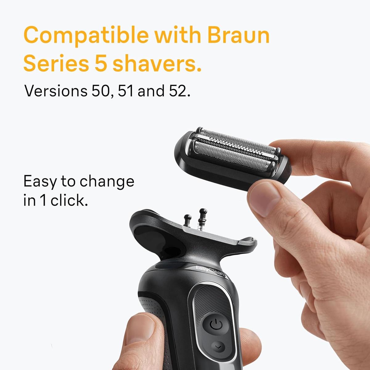 Hand holding a black Braun 54B replacement shaver head above a compatible Series 5 EasyClean electric shaver handle.