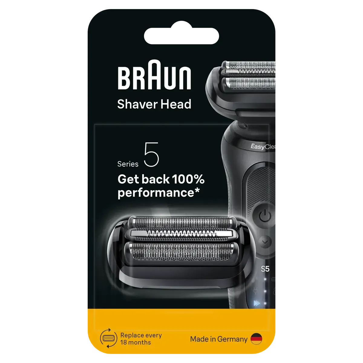 Braun 54B black replacement shaver head for Series 5 and 6 electric shavers in retail packaging, made in Germany.