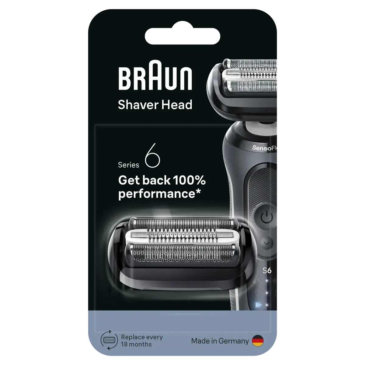 Braun 64B Series 6 shaver replacement head in black retail packaging, featuring a 3-blade foil design made in Germany.