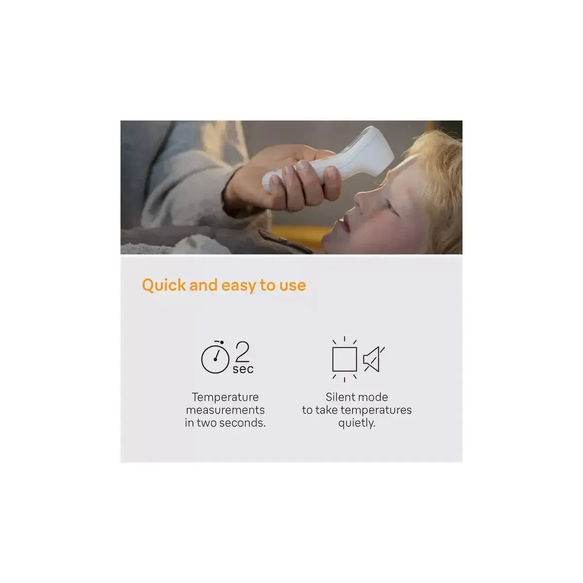 White Braun Sensian 3 non-contact thermometer being used on a child, showing 2-second measurement and silent mode icons.