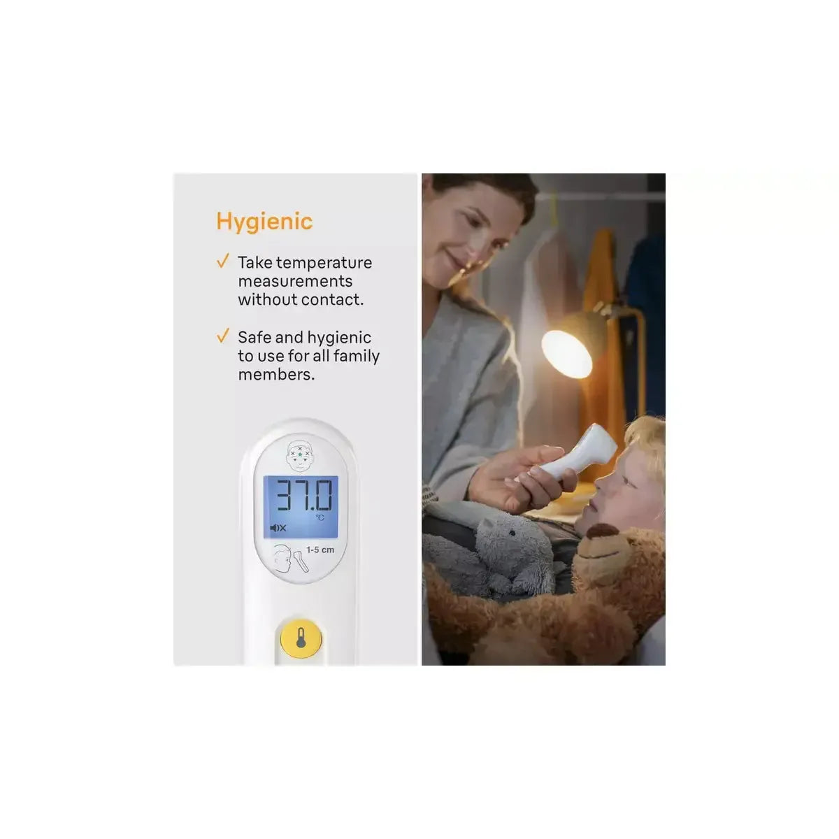 Braun Sensian 3 white non-contact forehead thermometer with digital display and yellow button, shown in use on a child.