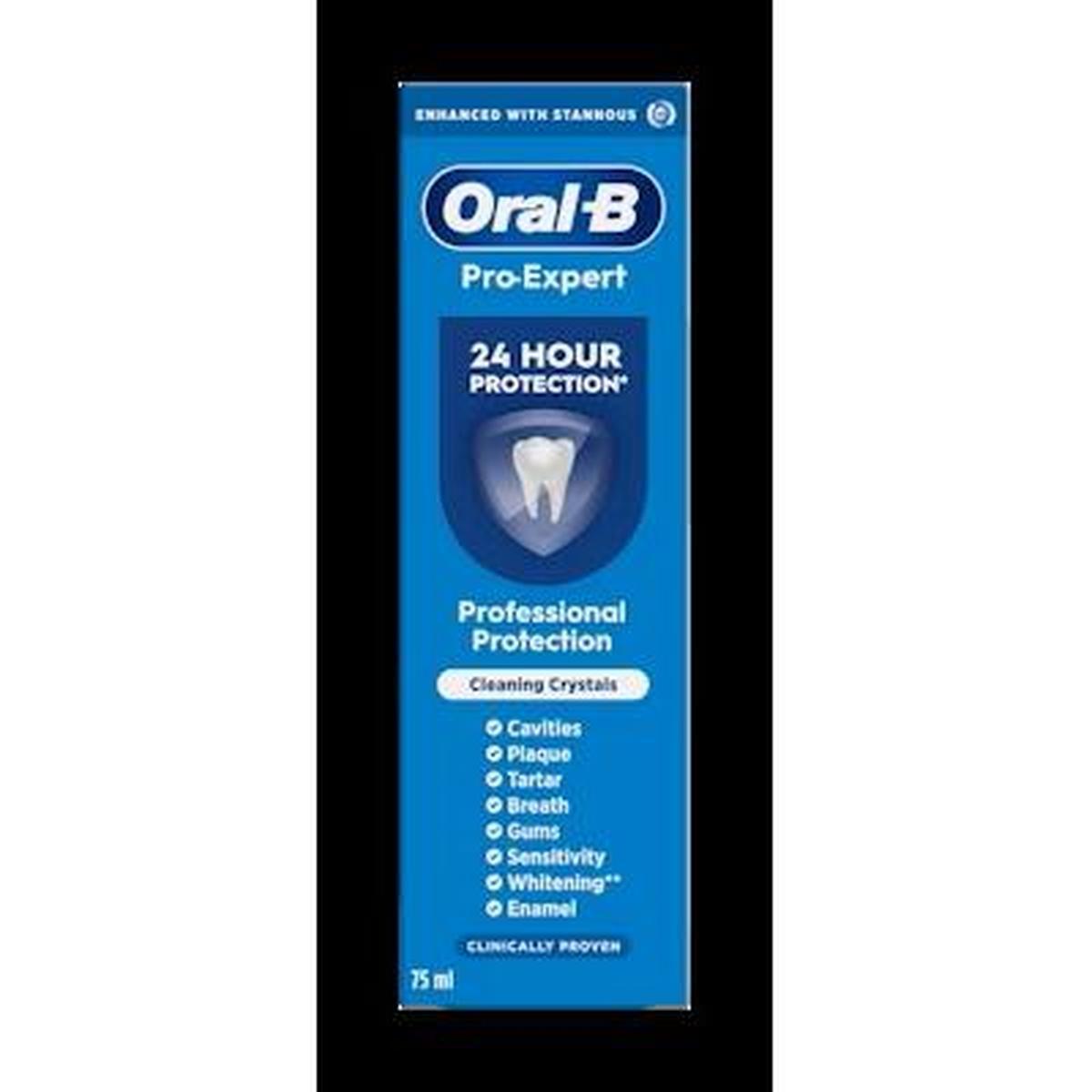 Blue 75ml Oral-B Pro-Expert toothpaste box featuring a white tooth icon and professional protection benefits list.