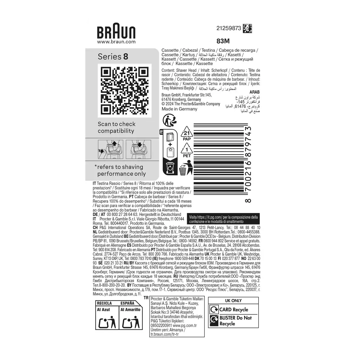 Braun Men's 83M Series 8 Foil and Cutter Cassette Replacement Head - Silver - Made In Germany - Healthxpress.ie