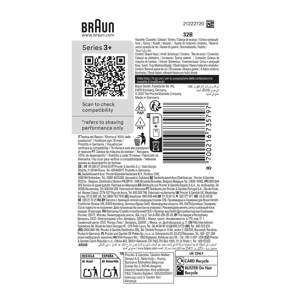 Braun Series 3 32B Electric Shaver Head Replacement - Black - Compatible with Series 3 Shavers ProSkin - Made In Germany - Healthxpress.ie