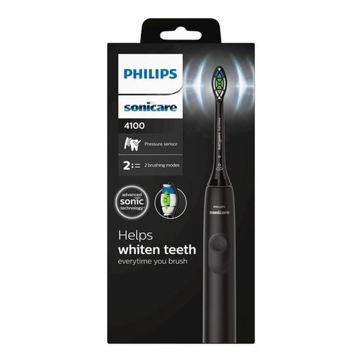 Philips Sonicare 4100 electric toothbrush in black packaging with pressure sensor and sonic technology features.