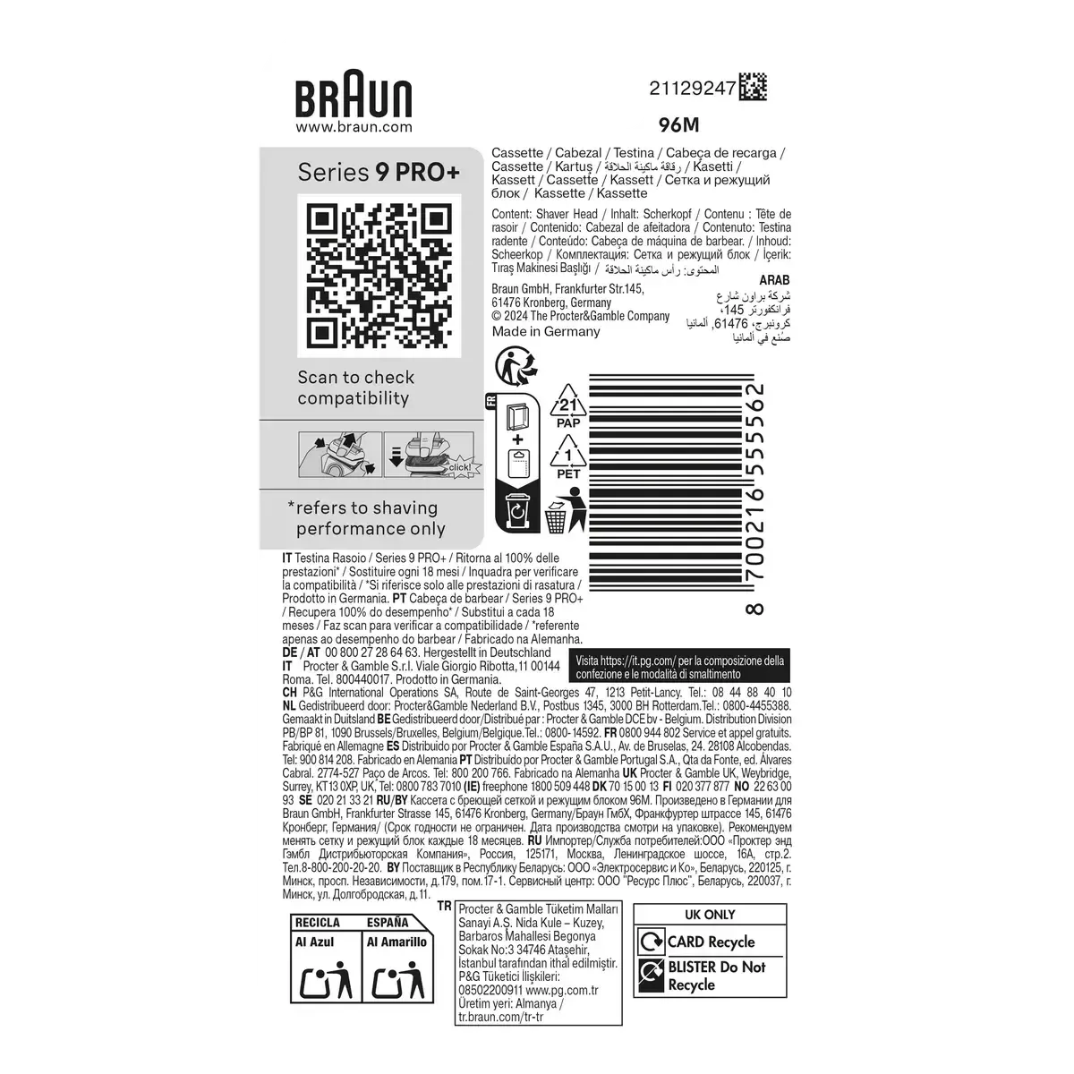 Braun Series 9 PRO+ replacement head packaging featuring a QR code, product details, and multilingual text on a white background.