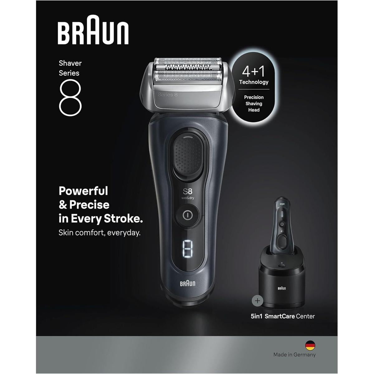 Grey Braun Series 8 electric shaver with 4+1 precision head and 5in1 SmartCare cleaning station on black background.