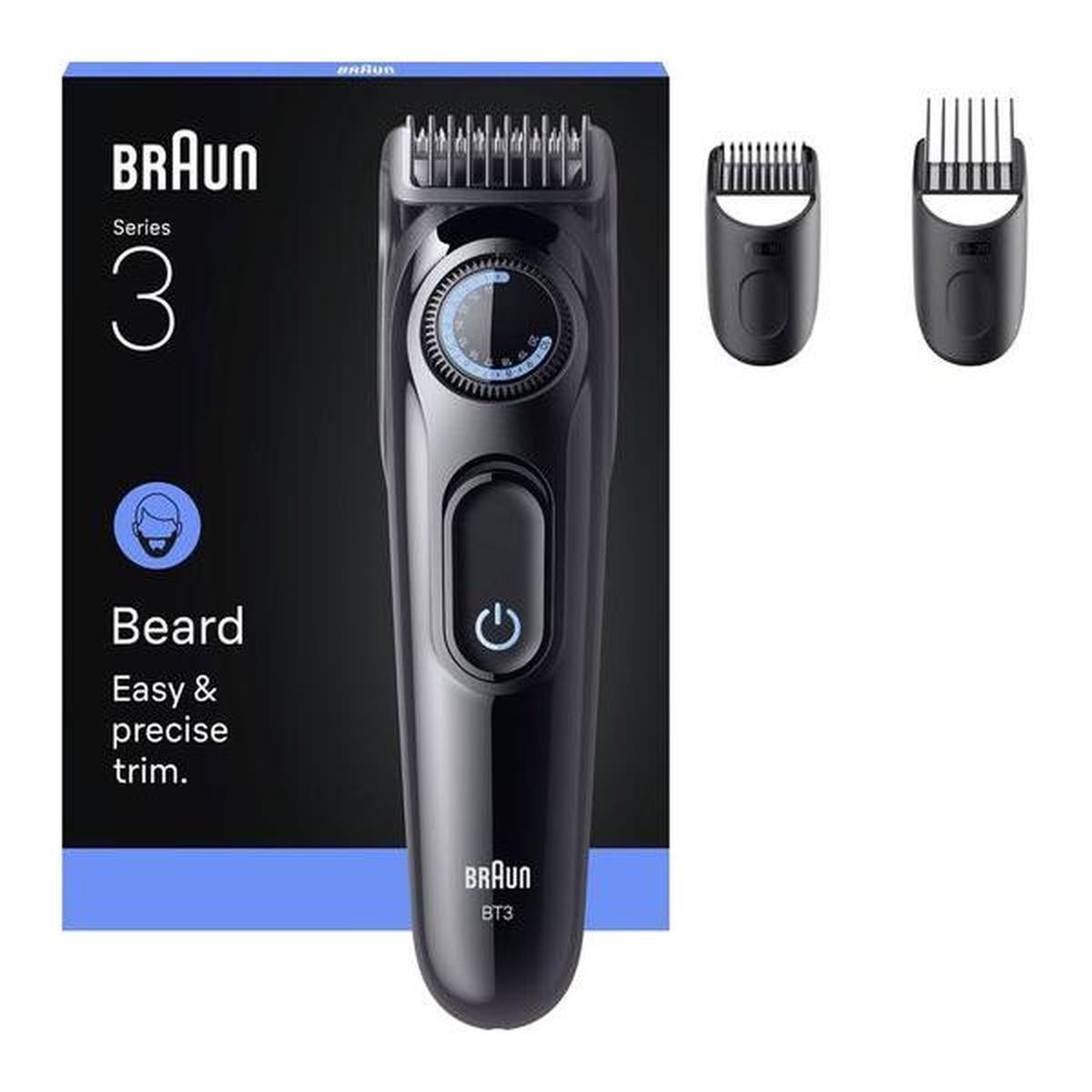 Black Braun Series 3 beard trimmer with precision dial, power button, and two detachable styling combs in front of packaging.