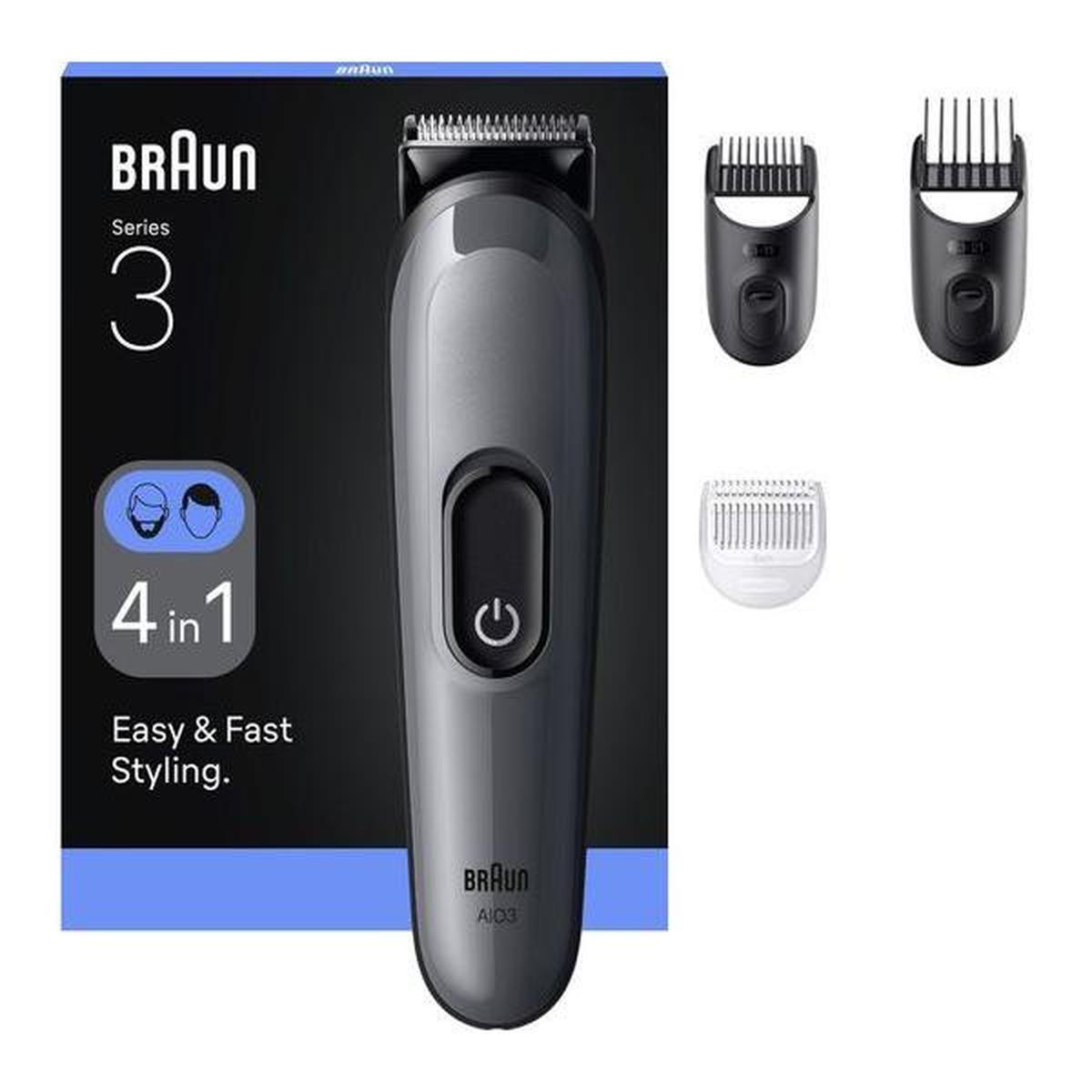 Braun Series 3 silver 4-in-1 cordless trimmer with three black attachment combs and packaging box.