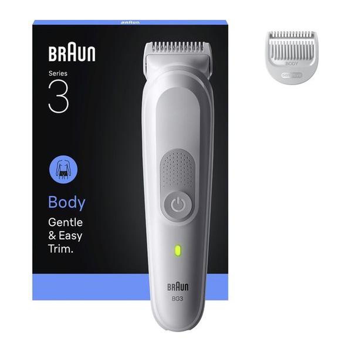 Grey Braun Series 3 body groomer with sensitive trim attachment and LED battery indicator against a black product box.