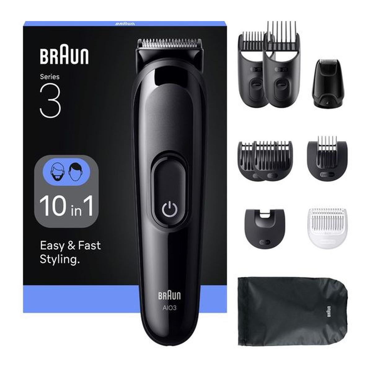 Black Braun Series 3 10-in-1 cordless trimmer with multiple attachments, grooming combs, and a storage pouch in packaging.