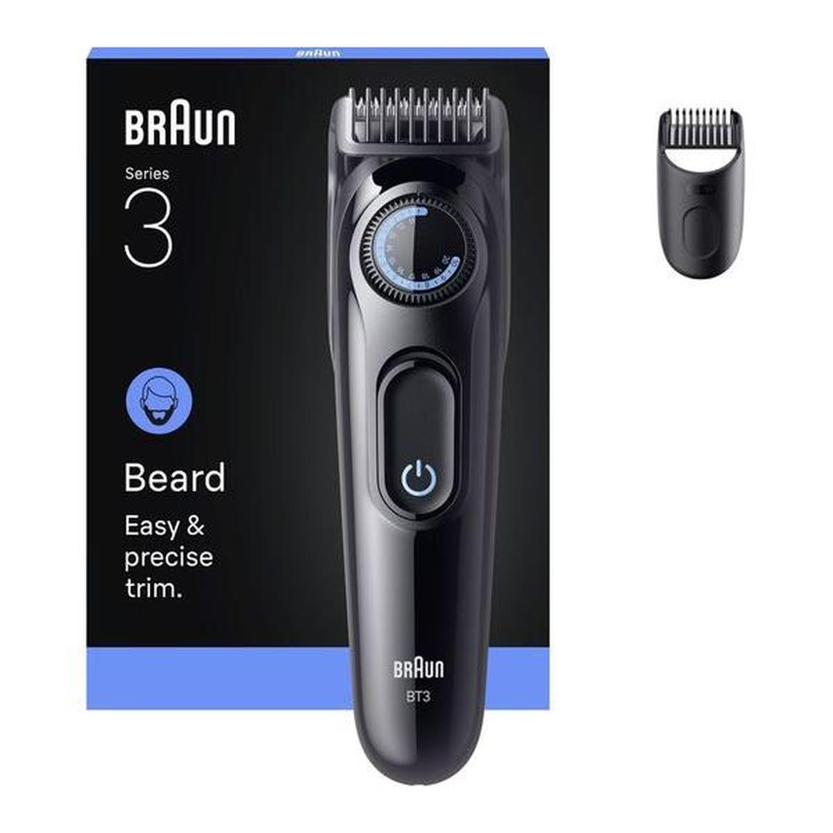 Black Braun Series 3 BT3500 beard trimmer with precision length dial and styling attachment on branded product packaging.