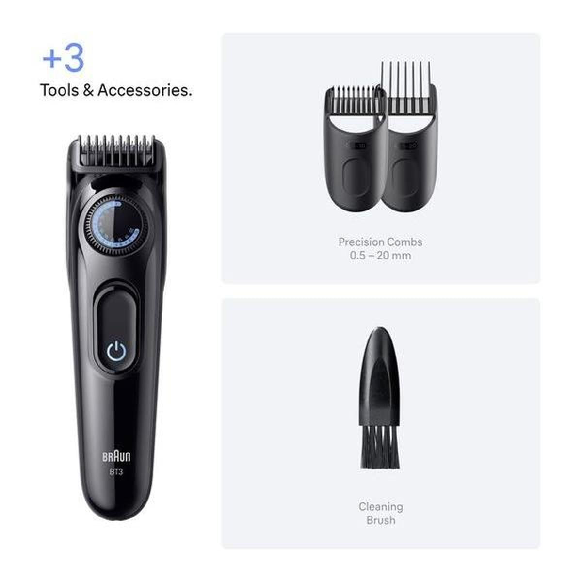 Black Braun Series 3 BT3520 beard trimmer with precision combs and cleaning brush for 40 length settings.