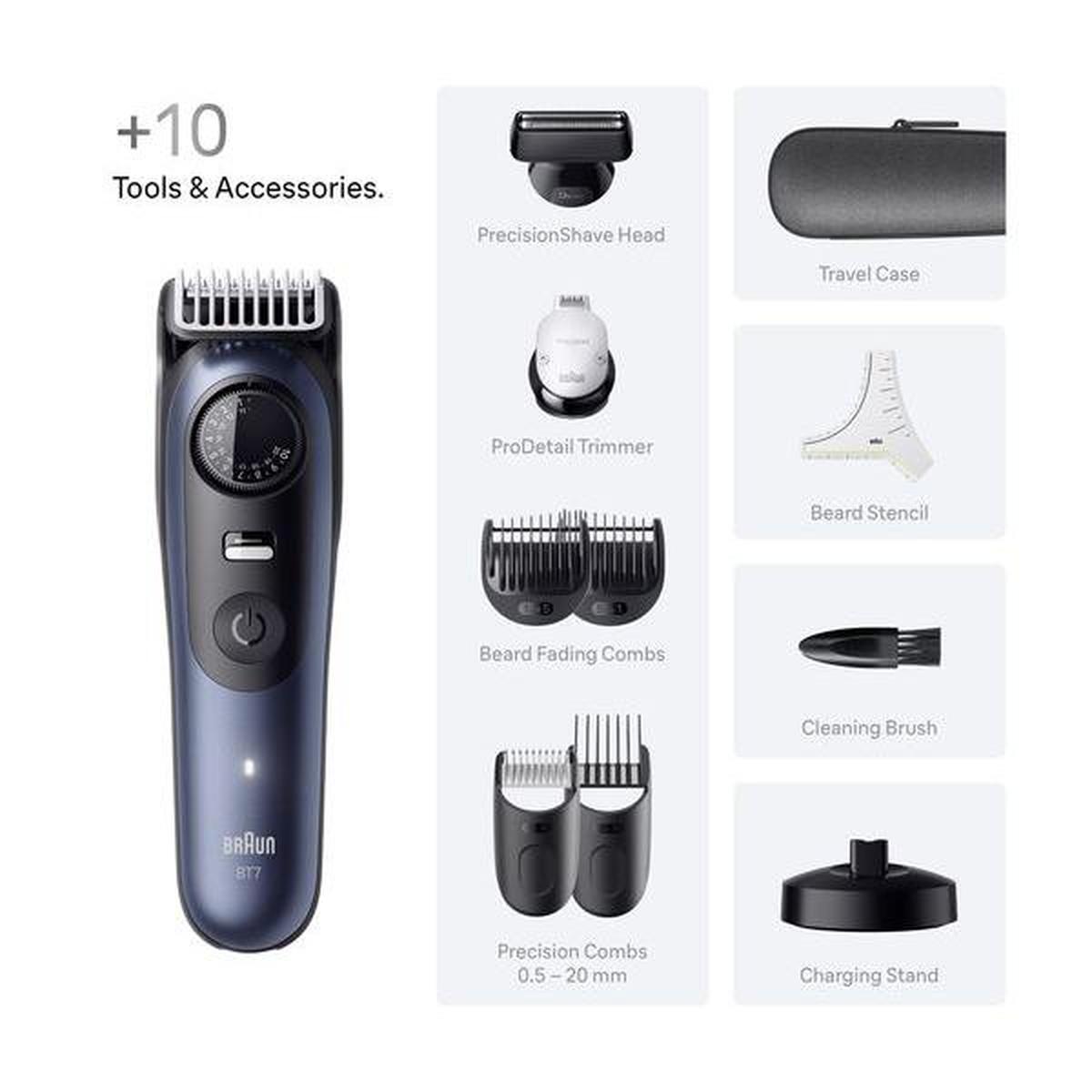 Blue Braun Series 7 beard trimmer with 10 accessories including precision combs, shaving head, and travel case.