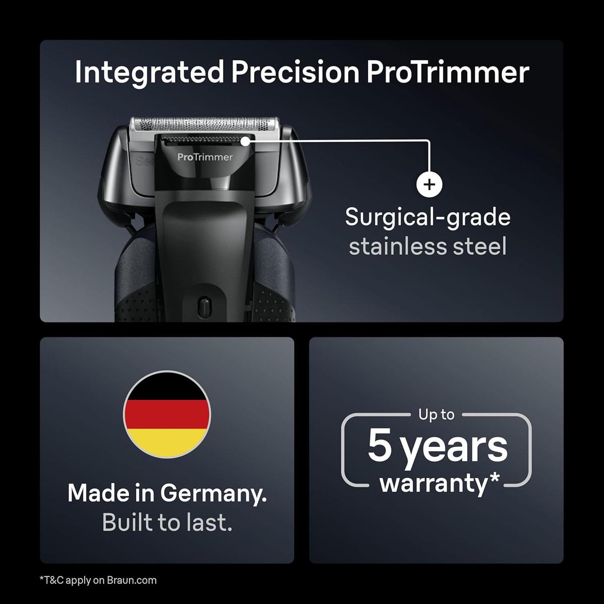 Braun Series 8 electric shaver featuring an integrated surgical-grade stainless steel precision trimmer and German design.