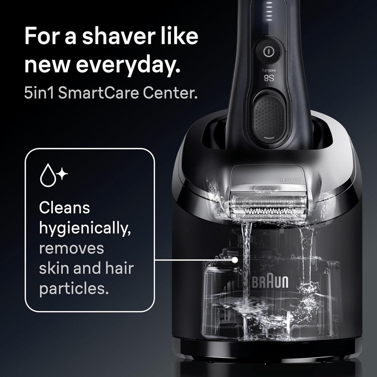 Braun Series 8 electric shaver in a black 5in1 SmartCare cleaning station with water rinsing the precision head.