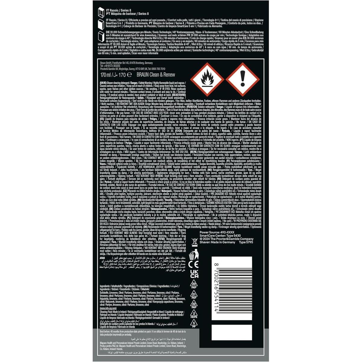 Braun Clean and Renew cleaning fluid cartridge with multi-language safety instructions and product information.