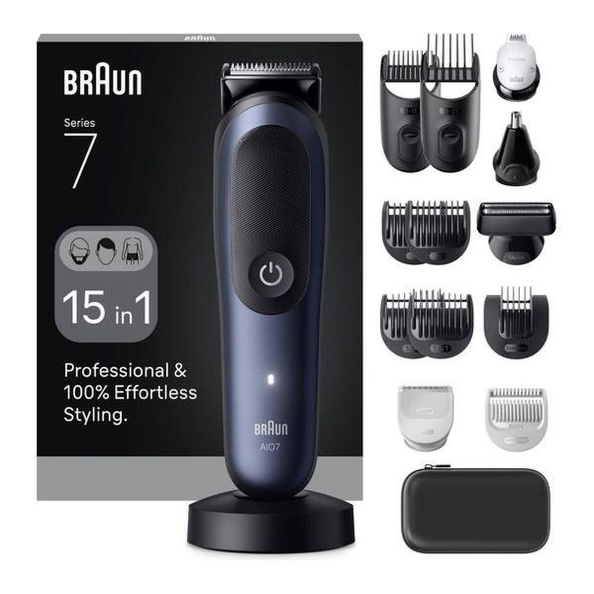 Blue Braun Series 7 all-in-one trimmer with ProBlade, charging stand, and 15 grooming attachments in a retail box.